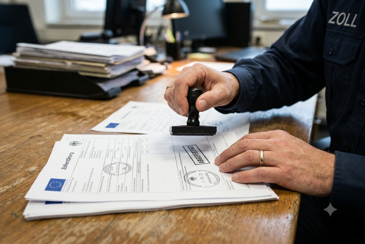 Customs officer stamping import clearance documents