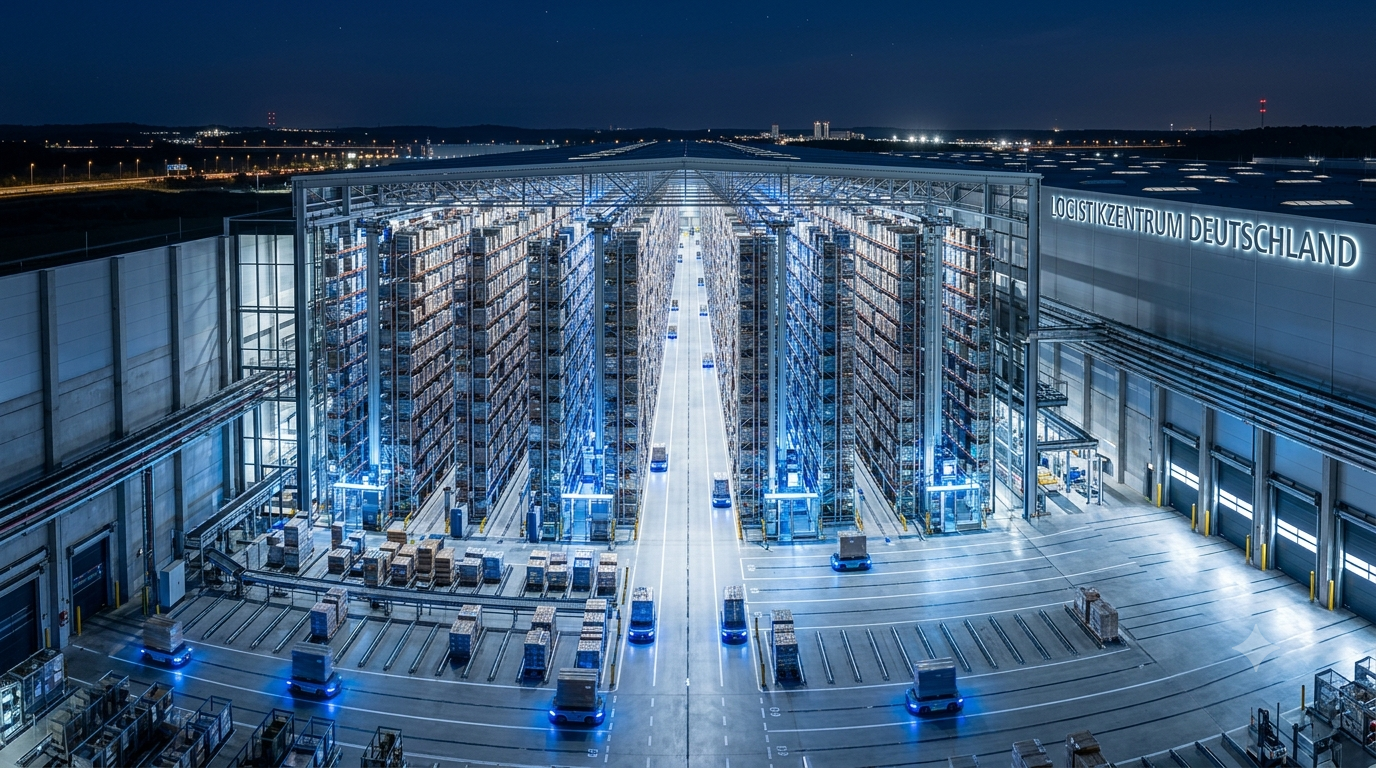 Automated German logistics center at night